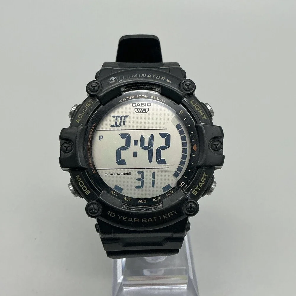 Casio AE-1500WH Mens Watch 51mm Silver Tone Digital Black Alarm New Battery